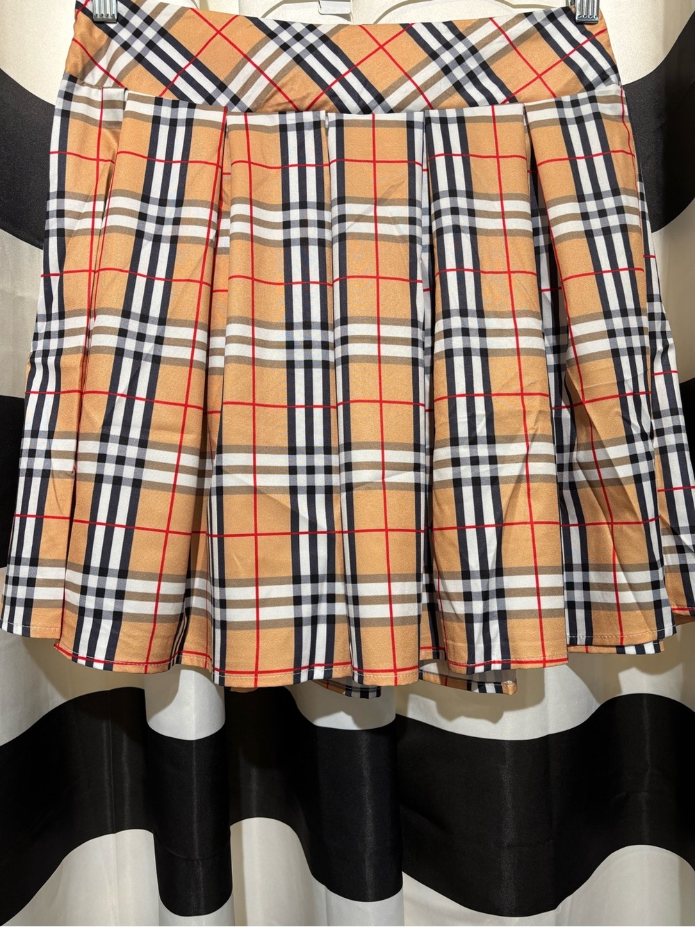Plaid Pleated Skirt in Camel with Black & Red Accent